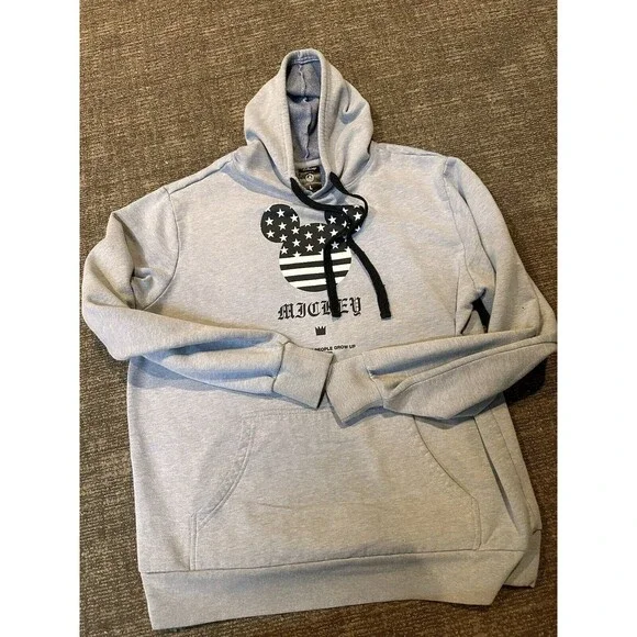 Disney Neff Mickey Mouse hoodie Sweatshirt Womens L  Gray Pockets Stars stripes - Picture 6 of 10